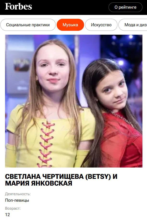 12-летние певицы хита «Sigma Boy» вошли в список Forbes «30 до 30» Самой молодой участницей оказалась 4-летняя блогер Ева Карпикау, которая начала свою карьеру в соцсетях около года назад и уже успела собрать более миллиона подписчиков. В списке также можно найти Андрея Кокошку, Сабину Хайрову, nkeeei, uniqe, Артема Шиловца, Big Baby Tape и многих других. — мы явно что-то делаем не так — они такие малые, а уже в ФОРБС ПОДПИШИСЬ НА ГЛАЗ
