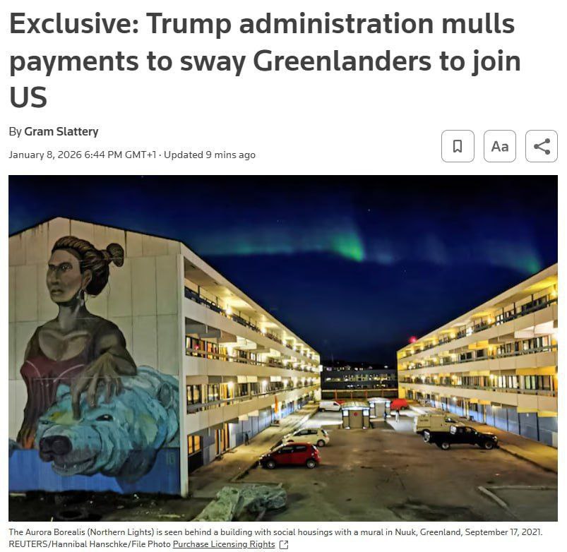 Администрация Трампа рассматривает возможность выплаты гренландцам от 10 000 до 100 000 долларов США на человека за то чтобы они присоединились к США и поддержали отделение от Дании Reuters В Гренландии всего 60000 жителей и сумма составит всего 6 млрд