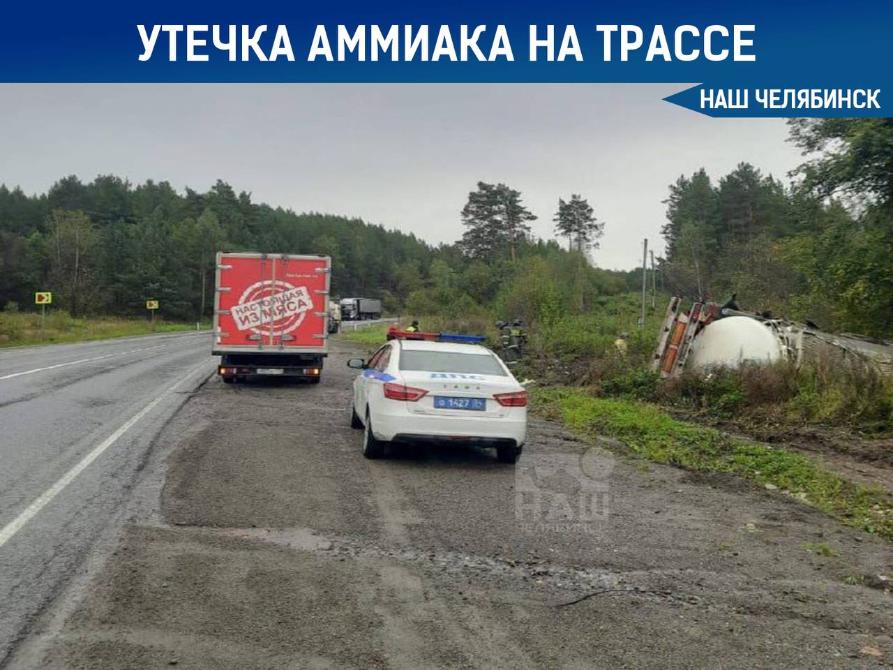 На трассе М 5 произошла утечка аммиака На 1650 км трассы М 5 водитель КамАЗа съехал в кювет и опрокинулся что привело к утечке аммиака 4 класс опасности Пострадал один человек Водителей просят не останавливаться на месте ДТП Наш Челябинск только самое важное про город Подпишись