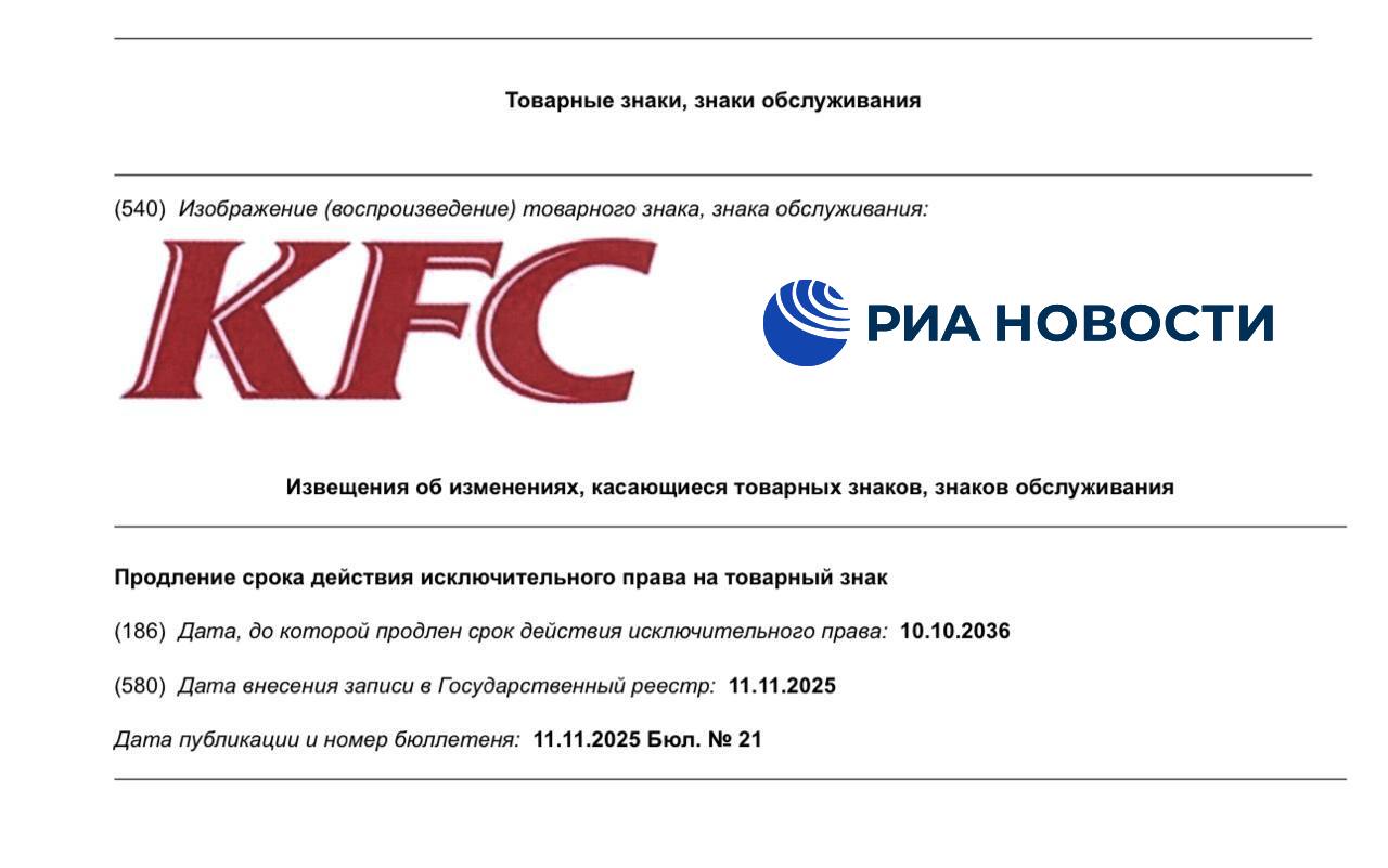 Ушедшая из России сеть быстрого питания KFC продлила права на свой товарный знак в стране до октября 2036 го Подписаться на РИА Новости