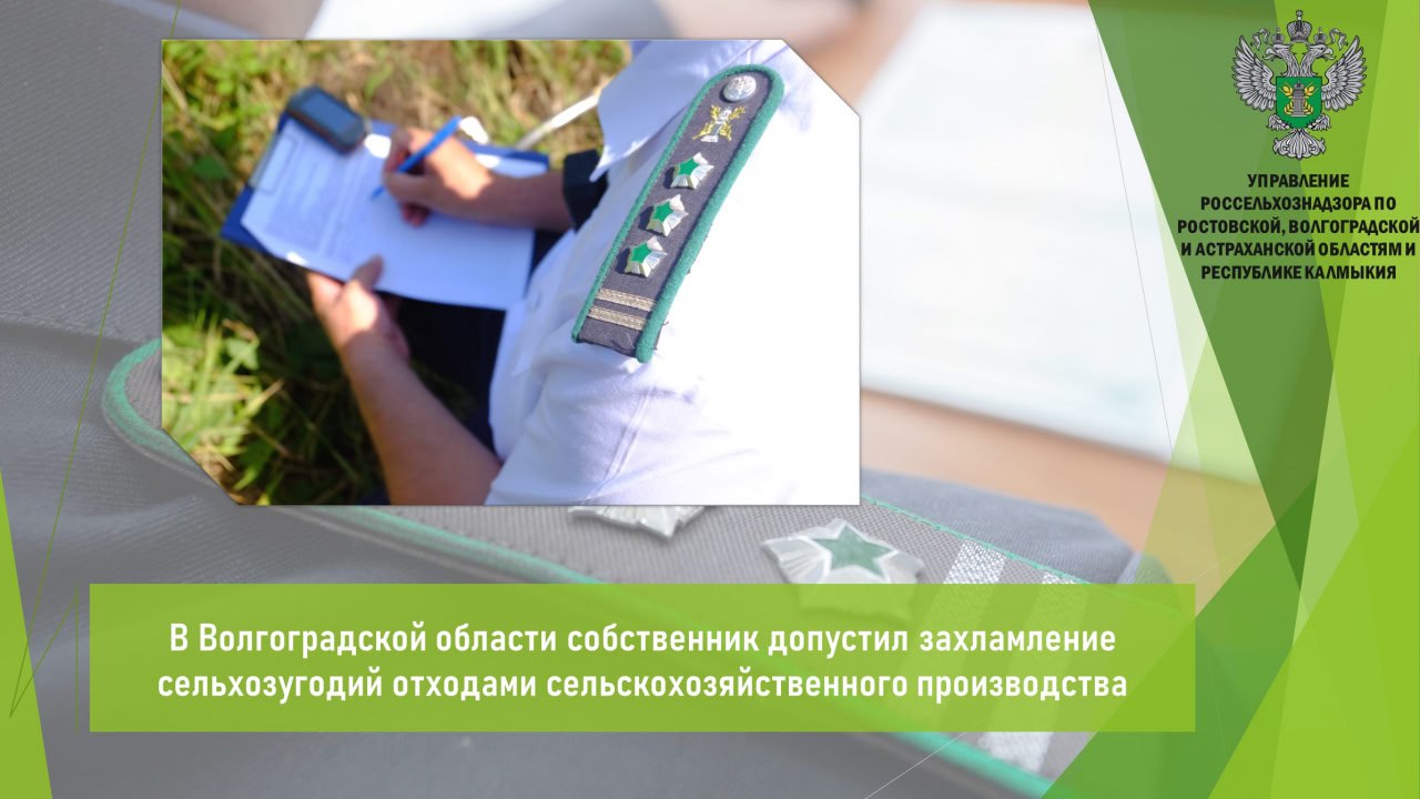 Управлением Россельхознадзора в рамках выездного обследования сельхозугодий, расположенных в границах Старополтавского района Волгоградской области, выявлено нарушение земельного законодательства.    В ходе обследования сельхозугодий установлено, что на части земельного участка находятся отходы сельскохозяйственного производства  сухой подстилочный навоз . Площадь захламления составляет 910 кв. м. На момент выездного обследования уборка захламления не осуществлялась.  В целях принятия мер реагирования Управлением собственнику участка выдано предписание об устранении выявленного нарушения требований земельного законодательства и предписано привести участок в состояние, пригодное для использования в соответствии с категорией и видом разрешенного использования, способом, предусмотренным законодательством Российской Федерации.    Открыть полный текст   #Земельный_надзор #Свалки