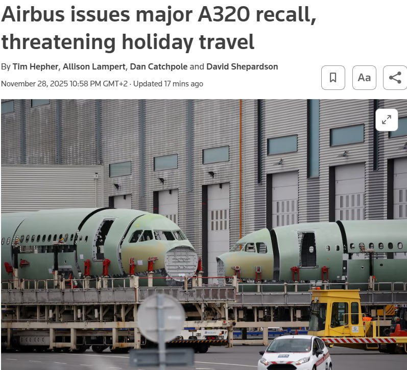 Airbus массово отзывает самолеты A320 это затронет половину всего мирового парка самолетов сообщает Reuters Корпорация Airbus объявила что отзывает значительное число самолетов семейства A320 чтобы изменить программное обеспечение Источники Reuters в отрасли считают что это приведет к сбоям в работе половины мирового парка самолетов и затронет несколько тысяч авиалайнеров Агентство указывает что это может привести к отменам и задержкам рейсов во многих странах В Airbus заявили что недавний инцидент с самолетом семейства A320 показал что интенсивное солнечное излучение может повредить данные критически важные для функционирования систем управления полетом Речь о самолете JetBlue который резко потерял высоту при перелете из Мексики в США Это один из крупнейших массовых отзывов самолетов Airbus за 55 лет истории компании В эксплуатации находится около 11 300 самолетов семейства A320 Сайт Страна X Twitter Прислать новость фото видео Реклама на канале Помощь