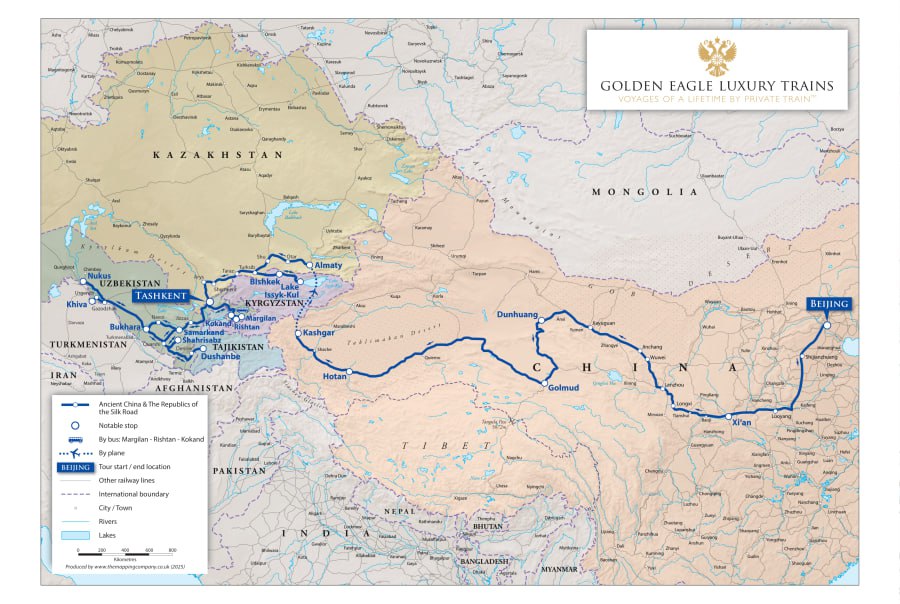 Страны Центральной Азии и Китай запускают тур по Шёлковому пути Британская компания Golden Eagle Luxury Trains снова выходит на рынок с эксклюзивным 22 дневным железнодорожным маршрутом открывающим путешественникам приключение по Центральной Азии Поезд преодолеет 3862 км начиная путь в Пекине и завершая его в Ташкенте Маршрут будет проходить через Китай Казахстан Кыргызстан Таджикистан и Узбекистан ℹ  Путешественников ждут следующие остановки Пекин Сиань Дуньхуан Голмуд Хотан Кашгар Алматы озеро Иссык Куль Бишкек Ташкент Хива Нукус Бухара Душанбе Шахрисабз Самарканд Маргилан Риштан Коканд Ташкент   Тур даст возможность погрузиться в богатую историю и культуру Шелкового пути сочетая посещение объектов Всемирного наследия ЮНЕСКО исторических городов и знакомство с местными традициями при полном комфорте В Китае гостей ждут Запретный город Великая Китайская стена Терракотовая армия в Сиане и пещеры Могао в Дуньхуане а также возможность покататься на верблюдах в пустыне Гоби В Казахстане предусмотрена эксклюзивная остановка в Алматы с частным перелетом Можно будет оценить культурные и исторические достопримечательности города включая музеи театры а также знаменитые горнолыжные курорты Медео и Шымбулак В Кыргызстане путешественников ждут величественные Памирские и Тянь Шаньские горы живописное высокогорное озеро Иссык Куль знакомство с кочевой культурой экскурсии в юртах дегустация традиционных блюд и пешие прогулки по долинам и ущельям В Таджикистане путешественников ждут Памирские горы с перевалами и долинами В Душанбе можно будет познакомиться с персидской культурой и ремеслами На завершающем этапе поезд доставит гостей в Узбекистан где можно исследовать исторические города Самарканд Бухару и Хиву сохранившие уникальное наследие древнего торгового пути Путешественников ждут рестораны мирового уровня элегантные каюты и сопровождение профессиональных гидов Тур проходит по системе всё включено а стоимость билета начинается от 50 700 на человека при двухместном размещении включая проживание питание трансферы и страховку Пассажирам предлагаются различные категории кают серебряный класс 5 5 кв м золотой класс 7 кв м императорские люксы 11 кв м  Все каюты оснащены ванной комнатой панорамными окнами и развлекательной системой На борту также работают рестораны лаунж бар с пианино и зоны отдыха ℹ  Заявляется что проект Великий Шелковый путь на поезде создаст новый сегмент роскошного туризма в Центральной Азии сочетая комфорт культурное погружение и уникальные впечатления Первый рейс стартует с 21 сентября и прибудет 12 октября 2026 года Следующий рейс 30 августа 22 сентября 2027 года Надеемся что столь роскошный проект положительно скажется на экономике регионов а также простимулирует рост туризма рост сферы услуг и более длительное пребывание путешественников в Центральной Азии Надеемся что на этот раз обойдётся без инцидентов подобных бросанию камней в окна как это случилось в Кыргызстане Не хотелось бы чтобы поведение некоторых невоспитанных особей портило впечатление гостей о нашем славном регионе ℹ  Ранее проект уже действовал по Центральной Азии однако из за ограничений связанных с COVID 19 его приостановили Последний рейс состоялся в апреле 2019 года Центральная Азия Китай         ExpressAsia