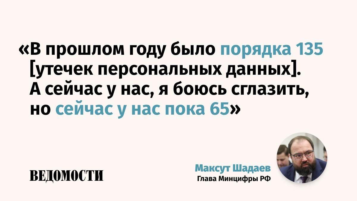 С начала года в России зафиксировали 65 утечек персональных данных сообщил глава Минцифры РФ Максут Шадаев Я не знаю являются ли текущие цифры по утечкам результатом введения этого закона об оборотных штрафах за повторные утечки персональных данных или так совпало Но у нас есть данные Роскомнадзора Это официально зарегистрированные крупные утечки персданных сказал министр цитата по Интерфаксу Расходы компаний на кибербезопасность по словам министра растут несмотря на непростую экономическую ситуацию а количество утечек уменьшается Подпишитесь на Ведомости
