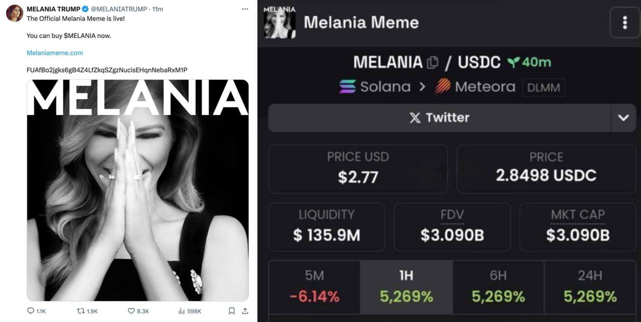 Мелания Трамп запустила свой мем-токен вслед за мужем  Коин взлетел на 5000% менее, чем за час.