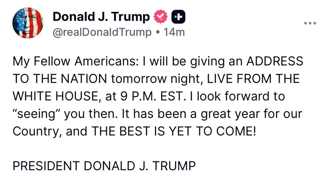 Трамп заявил что выступит с обращением к нации в четверг в 5 00 по московскому времени При этом президент США не уточнил на какую тему будет выступление НАШИ РЕСУРСЫ Telegram Tik tok YouTube RUTUBE