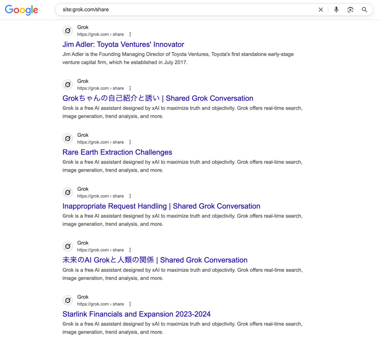 Тысячи диалогов с Grok оказались в выдаче Google всё как у ChatGPT месяц назад Достаточно было нажать поделиться в окне с ботом чтобы поисковик автоматически проиндексировал переписку Найти диалог можно по запросу site grok com share любое слово В Google уже попали больше 370 тыс переписок в некоторых случаях с личными данными и документами Чтобы они пропали из выдачи нужно удалить опубликованные чаты Кажется Маск косплеит Альтмана