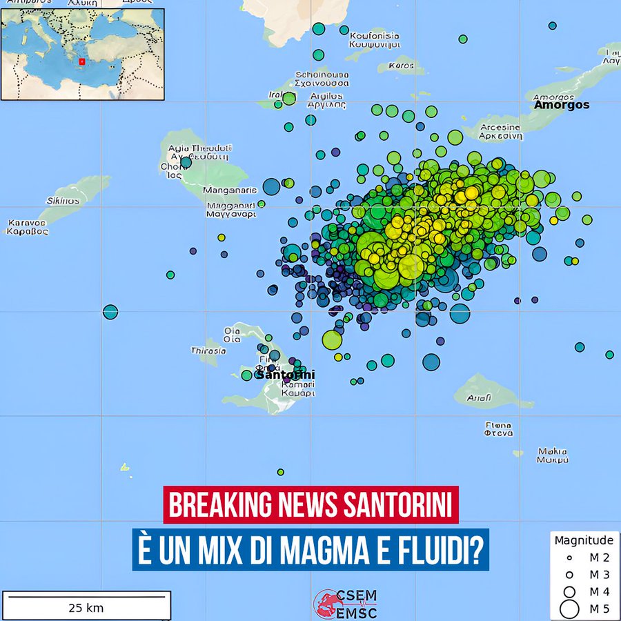 Обновление по сейсмической активности между Санторини и Аморгос  Вчера EMSC опубликовал важный отчет с новыми данными о текущем сейсмическом рое в регионе. Локальные GPS-станции зафиксировали деформации, которые могут свидетельствовать о глубинной магматической интрузии.  Что говорят данные:      Три GPS-станции на Санторини с июля 2024 года фиксировали небольшую деформацию: вулкан начал "надуваться". Это может быть первой фазой новой магматической интрузии — первой с 2011-2012 гг.     С конца января, с началом интенсивного сейсмического роя, деформация ускорилась. Дно кальдеры начало проседать, а восточная часть смещалась к востоку и северу — в сторону эпицентров роя.  Исследователи с помощью передовых программ пересчитали местоположение эпицентров землетрясений с лета 2024 по февраль 2025 года. Была зафиксирована миграция микросейсмичности из кальдеры на северо-восток.  Есть предположения, что магматическая интрузия может быть причиной этой активности. Также возможно, что она вызвала перемещение горячих флюидов по активным разломам.  Если это подтвердится, мы можем столкнуться с комплексным вулкано-тектоническим кризисом, сочетающим как вулканическую, так и тектоническую активность.