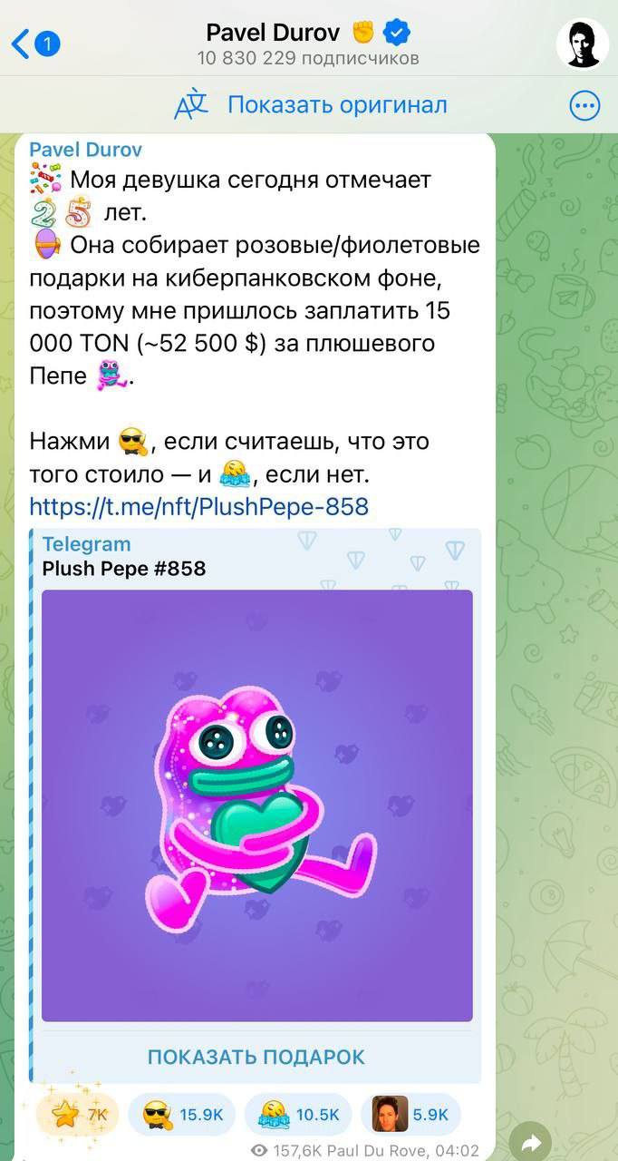 Павел Дуров, в честь дня рождения, подарил своей девушке Юлии Plush Pepe,  стоимостью 5 млн руб    В своем канале он написал об этом пост и устроил голосование, стоит эта покупка того или нет.    - Стоит    - Не стоит