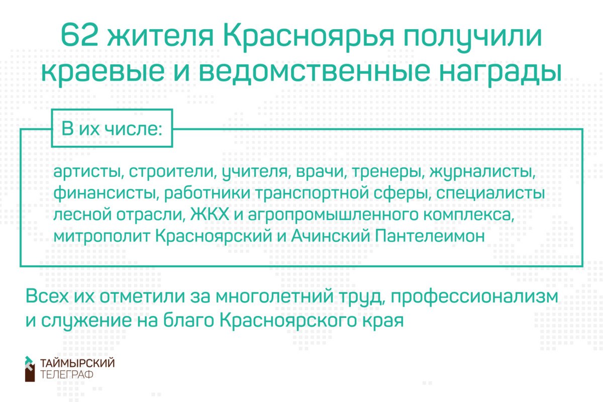 В канун Нового года губернатор Михаил Котюков удостоил 62 жителя региона почетных званий, медалей и знаков отличия.  Церемония вручения наград состоялась в большом зале правительства Красноярского края.   Подробнее читайте по ссылке.