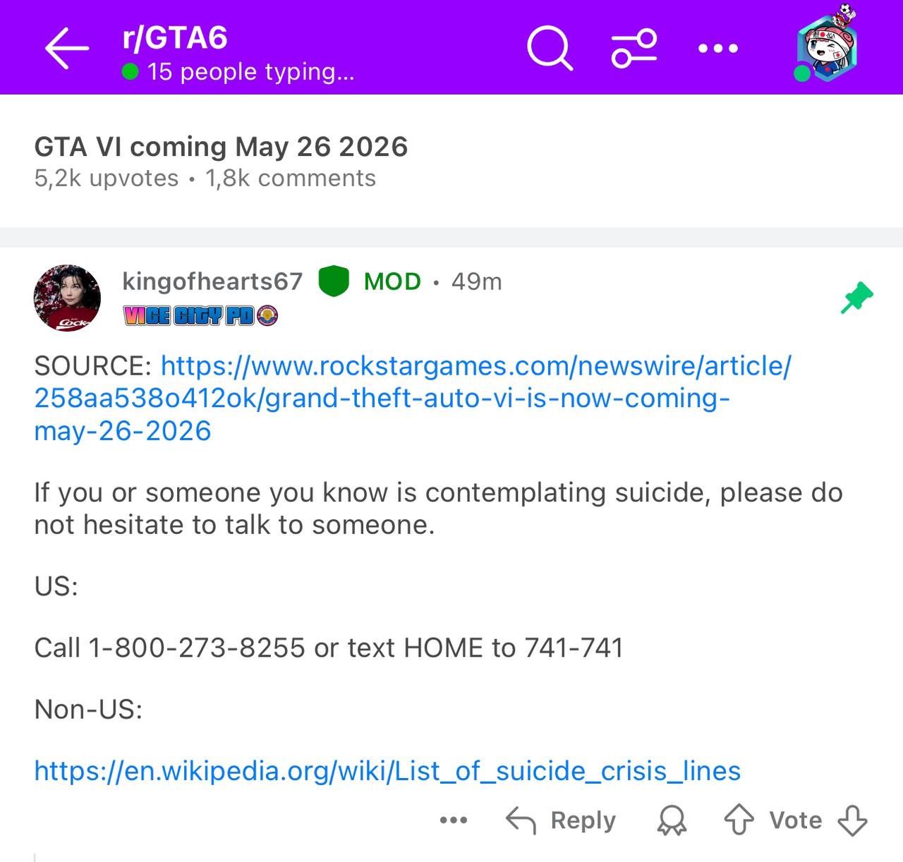В треде на Reddit, посвящённом GTA VI, был закреплён номер горячей линии поддержки для предотвращения самоубийств после объявления о переносе даты выпуска игры. Поклонники были настолько потрясены этой новостью, что один из них даже признался, что "упал на колени на парковке" от услышанного. Действительно, жалко таких преданных фанатов.