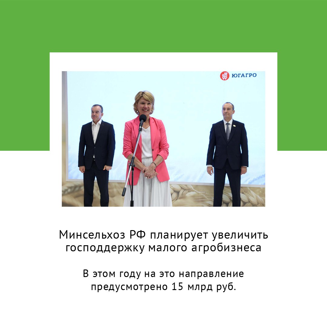 МИНСЕЛЬХОЗ РФ ПЛАНИРУЕТ УВЕЛИЧИТЬ ГОСПОДДЕРЖКУ МАЛОГО АГРОБИЗНЕСА Минсельхоз России с 2026 года запускает новый федеральный проект по поддержке малого агробизнеса в котором сохранит все действующие меры господдержки и будет стараться их увеличить Об этом сообщила министр сельского хозяйства РФ Оксана Лут на пленарном заседании в рамках международной выставки Югагро в Краснодаре Напомнив что в этом году господдержка этого бизнеса составляет 15 млрд руб она сообщила что эти средства уменьшать не станут это защищенная статья будет будем стараться ее увеличивать Средства по данной статье закрепят только за фермерами Регионы не смогут больше ее перераспределять на другие мероприятия только внутри этих хозяйств подчеркнула министр Подробнее clck ru 3QRBcB