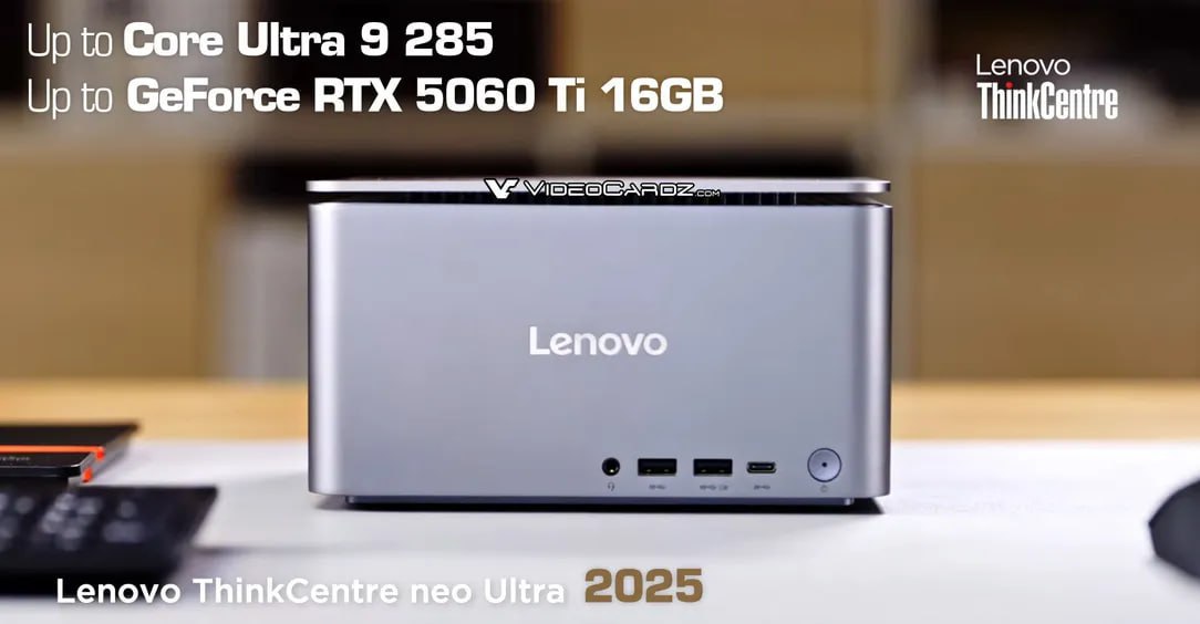 Компания Lenovo обновила свой мини-ПК ThinkCentre neo Ultra, который похож на Mac Studio. Модель 2025 года предлагает свежую GeForce RTX 5060 Ti 16GB. Это именно настольная карта в полноценной своей версии с TGP 180 Вт. Но новинку можно будет купить и в более доступных конфигурациях. Сердцем новинки выступает флагманский Core Ultra 9 285, и всё это установлено в корпус объёмом 3,6 литра. На самом деле после выхода Ryzen AI Max такая конфигурация уже не так впечатляет, но всё же RTX 5060 Ti заметно быстрее iGPU Radeon 8060S. Также стоит отметить, что этот мини-ПК имеет встроенный блок питания, а не внешний, что для многих достаточно важно. Конечно, Lenovo рекламирует новинку в том числе, как решение для ИИ, акцентируя внимание на производительности в 825 TOPS, но это явно интересует не так много людей.