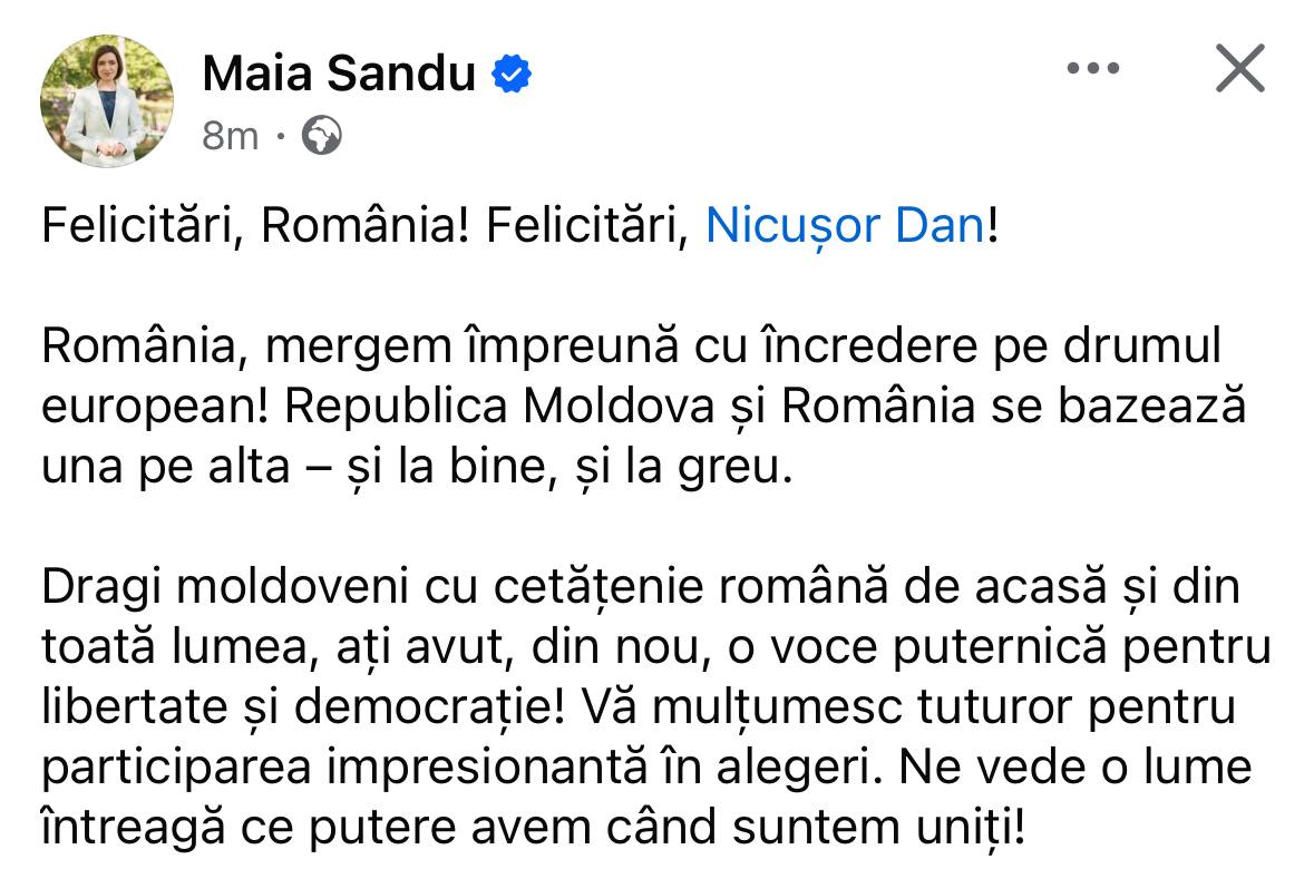 Майя Санду поздравила Никушора Дана с победой Президент Майя Санду поздравила Никушора Дана с победой на выборах: «Молдова и Румыния идут вместе по европейскому пути». Она поблагодарила и молдаван с румынским гражданством за активное участие в голосовании.