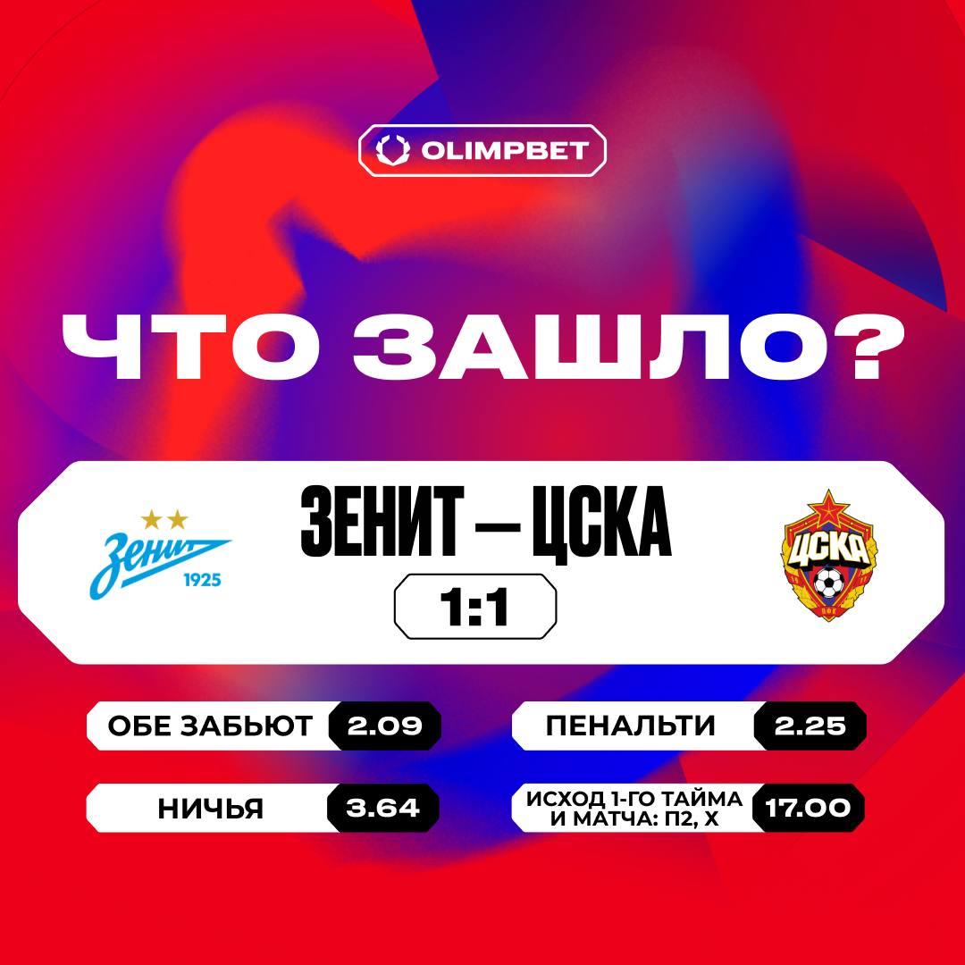 «ЗЕНИТ» СНОВА ПОТЕРЯЛ ОЧКИ    Соболев забил с кэфом 2.70 и принёс сине-бело голубым только ничью — 1:1.    В третьем матче РПЛ подряд был назначен пенальти.  Как тебе игра?    — пойдёт!    — ни себе, ни людям    Фрибет за экспресс на РПЛ