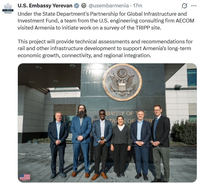 Американские инженеры приступают к полевым исследованиям по проекту TRIPP в Армении В Армению прибыла команда американской инженерно консалтинговой компании AECOM для начала работ по исследованию площадки проекта TRIPP сообщили в посольстве США в Ереване Этот проект предусматривает проведение технических оценок и выработку рекомендаций по развитию железнодорожной и другой инфраструктуры для поддержки долгосрочного экономического роста Армении повышения связности и региональной интеграции говорится в сообщении дипмиссии в Х Haqqin az Связаться