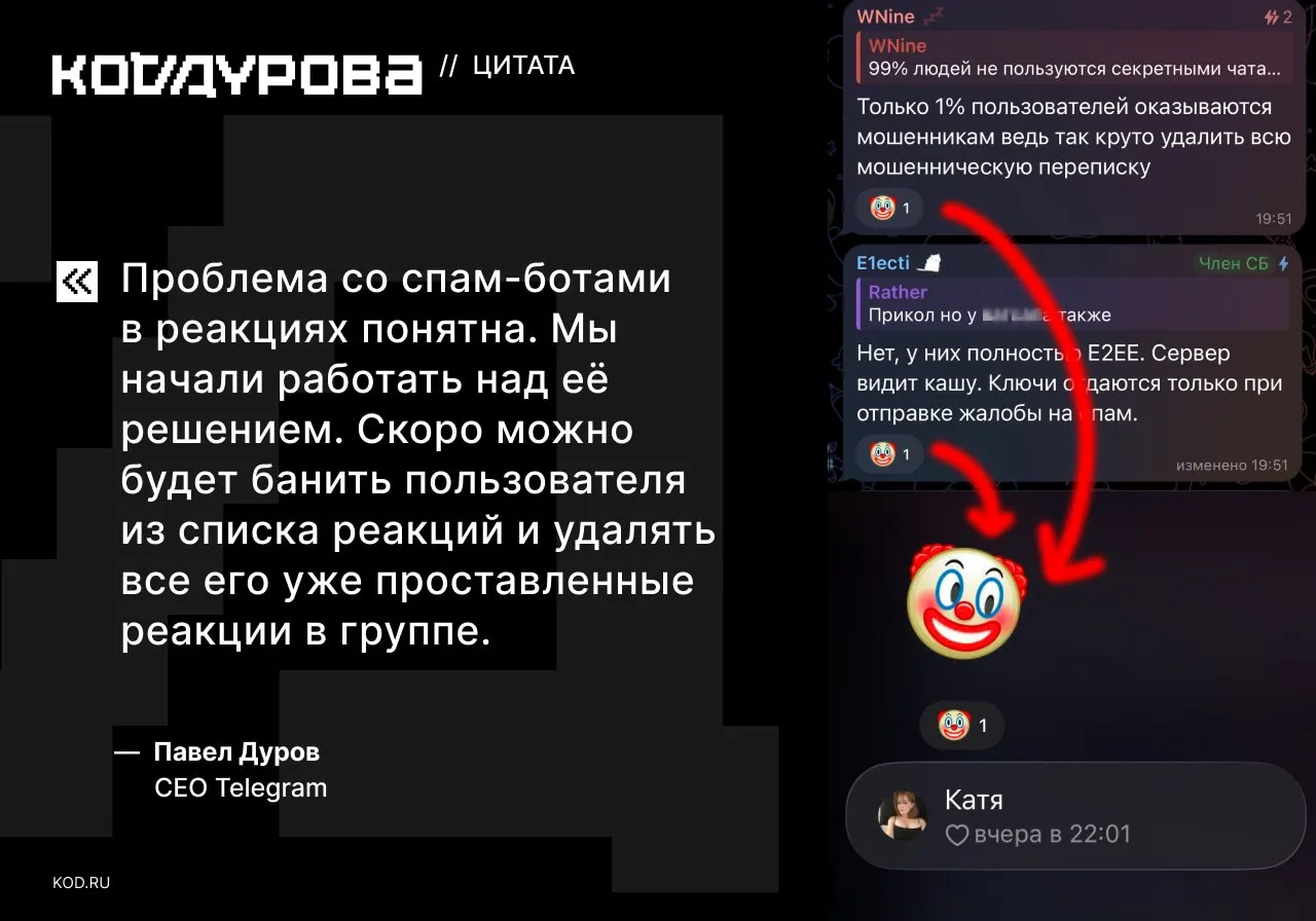 Дуров объявил войну спам ботам Глава Telegram вновь пришёл в комментарии к пользователям На этот раз он признал проблему со спам ботами в реакциях и анонсировал работу над её решением Сейчас у администраторов групп нет возможности как либо контролировать проставленные реакции кроме как отключить их вовсе Из за чего участились случаи когда боты массово используют их для привлечения внимания к своему профилю и последующей рекламы через него Ранее основатель Telegram также анонсировал работу над защитой от накруток в опросах там появятся фильтры по странам и подписчикам канала Подписаться