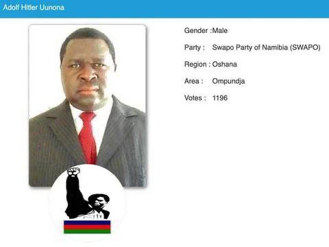 Адольф Гитлер вновь пришёл к власти Его переизбрали уже на пятый срок подряд в Намибии Адольф Гитлер Уунона 59 летний намибийский политик руководящий округом Омпудья с 2004 года Сам политик подтверждал что его назвали в честь немецкого диктатора но по его словам отец не понимал что отстаивал Гитлер и к его убеждениям он отношения не имеет