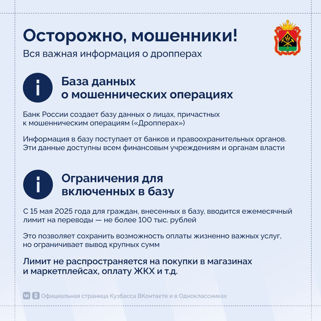 Банк России запускает базу «дропперов» — тех, кто участвует в незаконных переводах. Подробнее про базу рассказали в карточках.