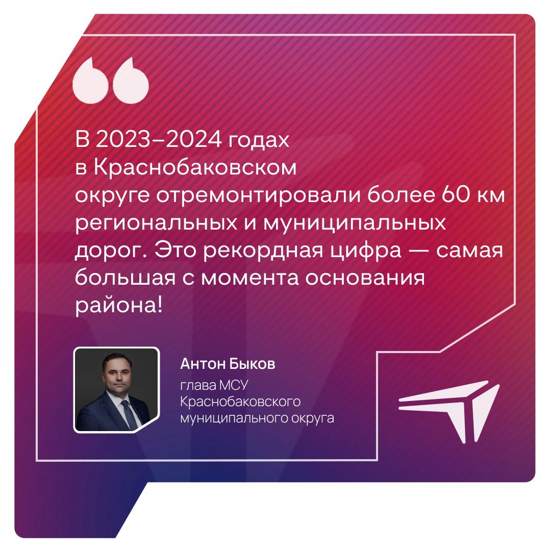 Глава Краснобаковского муниципального округа Антон Быков рассказал, что в 2023–2024 годах в округе отремонтировали более 60 км региональных и муниципальных дорог.   «Это рекордная цифра — самая большая с момента основания района! Это удалось сделать благодаря поддержке губернатора Нижегородской области Глеба Никитина, регионального Минтранса и Главного управления автомобильных дорог региона», — уточнил глава МСУ Краснобаковского муниципального округа Антон Быков.    В округе приобрели специальную технику для дорожных работ. Кроме того, район уже подал две заявки по ремонту дорог по проекту «Вам решать!» на 2025 год.   ℹ  Напомним, голосование по проекту «Вам решать!» открыто до 10 декабря 2024 года. По итогам конкурса на 2024 год выбрали 488 объектов по 8 направлениям благоустройства. В голосовании приняли участие 757 тысяч человек.