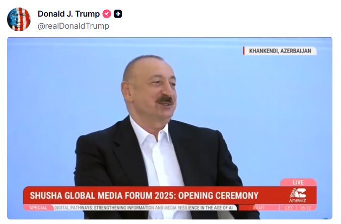 Трамп опубликовал видео со словами поддержки от Ильхама Алиева Президент США Трамп разместил на своей странице в соцсети Truth Social видео, в котором президент Азербайджана Алиев выражает поддержку Трампу и отмечает, что он - единственный президент США, который не начинал войн и способствует их завершению. «Мы поддерживаем администрацию Трампа и благодарны ему за усилия по урегулированию конфликта с Арменией», - отмечает в видео азербайджанский лидер.
