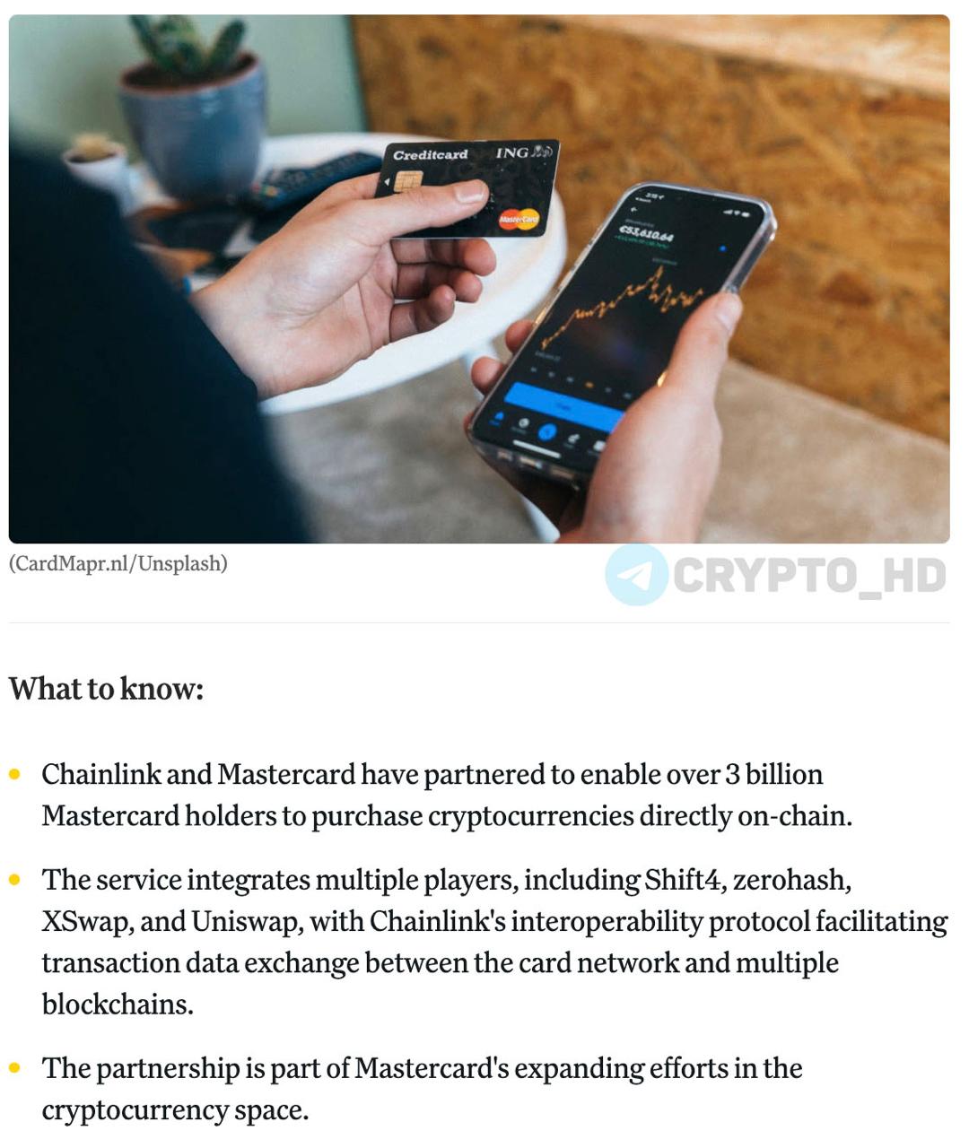 #LINK Chainlink и Mastercard объявили о партнерстве coindesk «Более 3,000,000,000 держателей Mastercard смогут приобретать криптовалюту напрямую через блокчейн». Ранее: - JPMorgan и Ondo Finance - правительство Гонконга Crypto Headlines