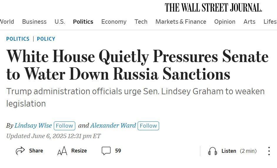 WSJ: ТРАМП ПЫТАЕТСЯ ВЫВЕСТИ РОССИЮ ИЗ-ПОД САНКЦИОННОГО УДАРА Белый дом активно лоббирует смягчение антироссийского законопроекта в Сенате, пишет The Wall Street Journal. Под давлением администрации Дональда Трампа сенатор Линдси Грэм может пойти на уступки — несмотря на его репутацию сторонника жёсткой линии в отношении Москвы. ⏺ Осторожно, планируем будущее! МИГ России. Подписаться⏺