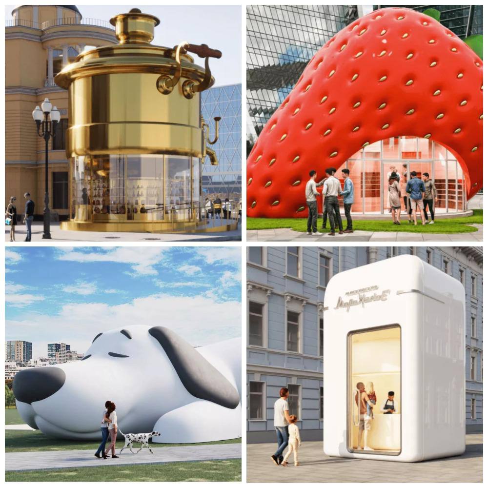 На улицах Москвы появятся огромный самовар, гигантская клубника и лежачая собака Мэрия уже не знает, чем еще удивить москвичей и гостей. Вот, начали устанавливать огромные арт-объекты, которые станут торговыми павильонами в рамках «Зеленого маркета». Все они разбросаны по городу и имеют разное предназначение. Например, в «Самоваре» на Арбате можно будет купить самовары и сувениры, недалеко от него появится «Автобус красоты» с локальными косметическими брендами. На Гоголевском бульваре — в гигантской «Шахматной фигуре» — книги, в «Ягоде» — натуральные продукты, в «Холодильнике» — мороженое и т. д. Всего 12 фигур. Маркет будет работать весь сезон — с 25 мая по 7 сентября.
