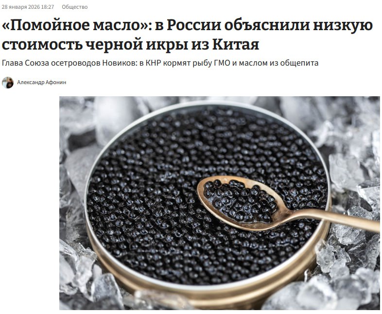 Палёная чёрная икра из Китая заполонила российский рынок заявили в Союзе осетроводов По их данным китайскую икру скупают по 16 18 тыс рублей за кг фасуют в России и продают как отечественную уже по 40 100 тыс за кг Чтобы снизить себестоимость осётров кормят дешёвыми кормами в том числе с соей и отходами Деньги в эфире