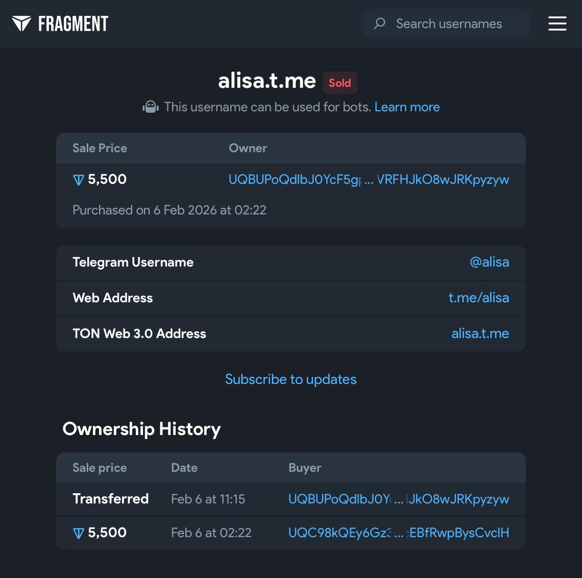 Яндекс купил для своей Алисоньки юзернейм alisa за 585 тысяч рублей Аукцион прошёл 6 февраля 2026 года на платформе Fragment где победил анонимный кошелёк предложивший 5 5 тысяч TON Вот только уже через три дня юзернейм привязали к официальному телеграм боту Алиса AI Все телегу блочат переходим в Мах Яндекс отставить панику