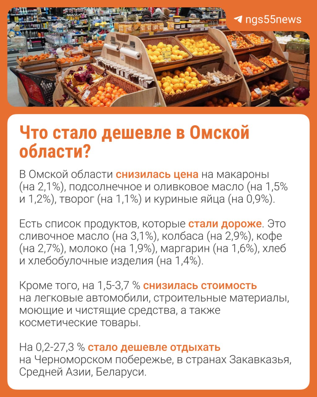 Редкость но бывает в Омской области в августе подешевели продукты Омскстат сообщает что цены на товары слегка снизились в среднем на 1 1 Не праздник конечно но приятно Что конкретно стало дешевле а что все еще бьет по кошельку смотрите в карточке Подписаться на новости Омска