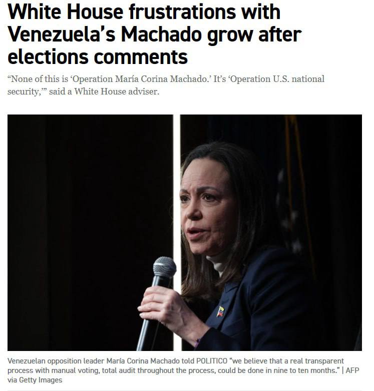 Трамп и Белый Дом все больше разочаровываются в Марии Мачадо лидере венесуэльской оппозиции Об этом пишет Politico со ссылкой на источники в Белом Доме По их словам особое раздражение у американских чиновников вызвали слова Марии о том что выборы в Венесуэле состоятся в течении года в то время как более реалистичный срок составляет около двадцати четырех месяцев Мария Корина Мачадо лишь пытается усилия администрации свести на нет она эгоистка сказал источник Ничего из этого не является Операцией Мария Корина Мачадо Это Операция по обеспечению национальной безопасности США которая никак с ней не связана Она деструктивный фактор и работает против целей национальной безопасности США заявил Politico источник В Белом Доме опасаются что Мачадо хочет сделать из себя единственную звезду затмив собой реальные цели Трампа Как заявил президент выборы состоятся в подходящее время но его первоочередная задача вернуть Венесуэлу к жизни и восстановить страну говорится в заявлении представителя Белого дома для Politico