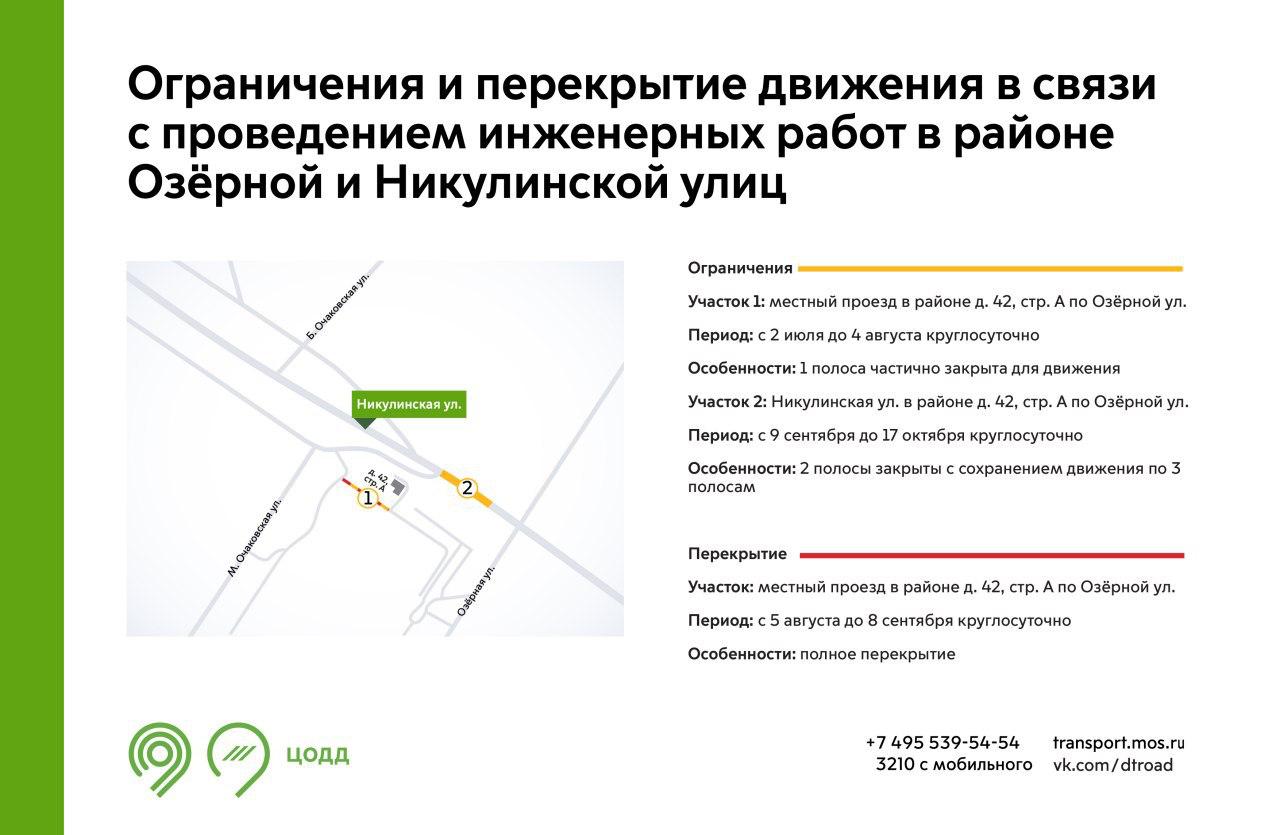 В период с 2 июля до 17 октября на участке Никулинской улицы и местного проезда в районе дома 42, строение А по Озёрной улице будут недоступны для движения 1-2 полосы. Это связано с проведением инженерных работ. Также с 5 августа до 8 сентября участок местного проезда в районе дома 42, строение А по Озёрной улице будет закрыт для движения. Подробнее – на инфографике