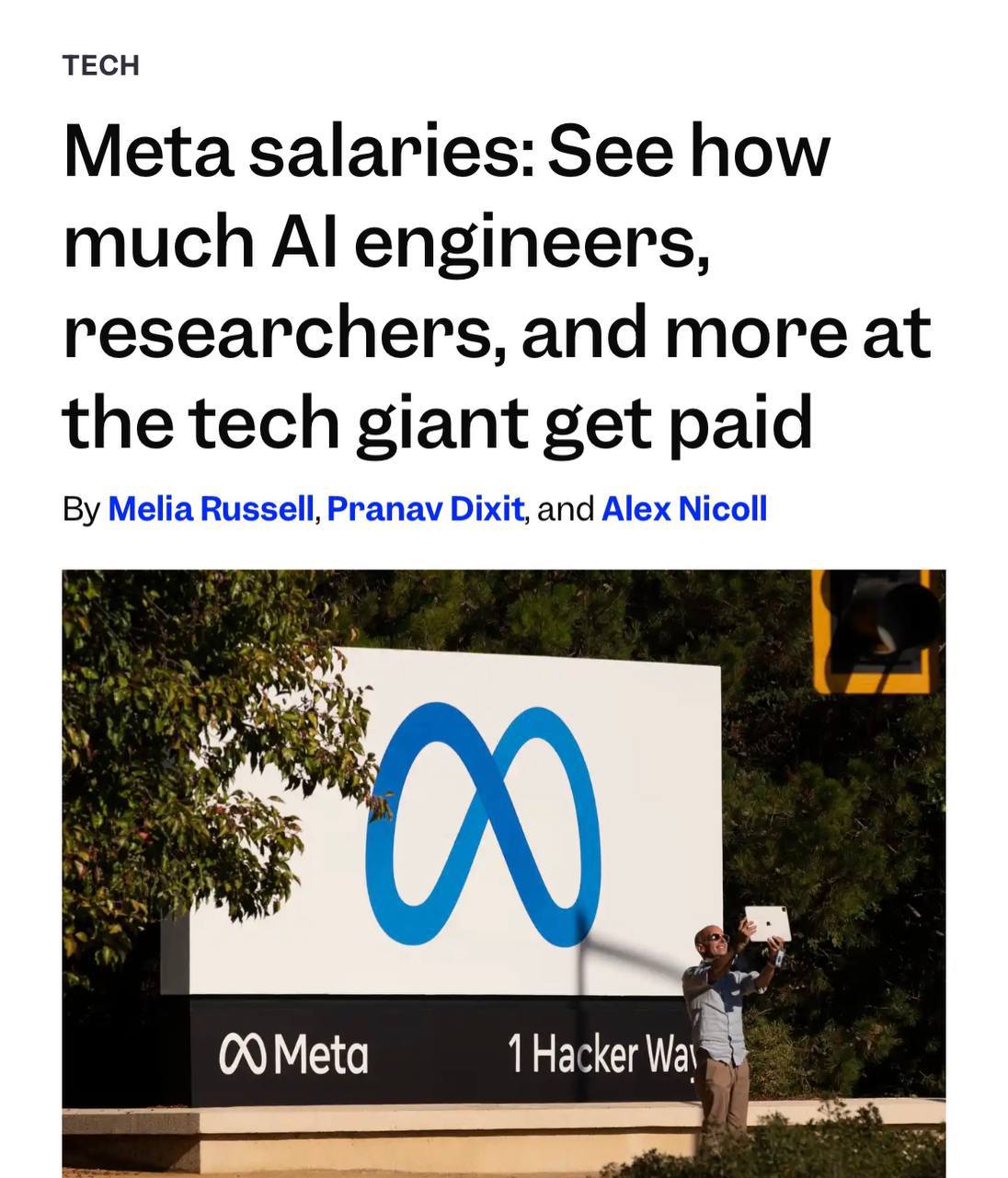 Business Insider раскрыл верхние планки зарплат в Meta : • Инженер-программист — $480 тыс. • Инженер ML — $440 тыс. • Техдир — $353 тыс. • UX-исследователь — $350 тыс. • Продукт-менеджер — $314 тыс. • Инженер-электрик — $255 тыс. • Маркетолог ИИ — $220 тыс. • Аналитик данных — $204 тыс. • Старший дизайнер — $199 тыс. признана экстремистской в РФ