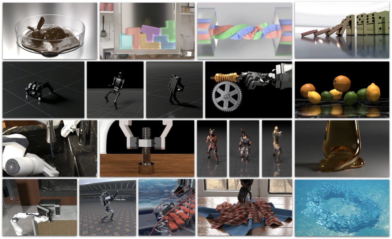 Вышел движок для симуляций/робототехники Genesis. Поверх физического движка будет генеративный фреймворк который будет генерить 3D сцены, движение камеры, людей/животных/роботов, анимации лица и видео по тексту.   Физический движок должен быть очень быстрыми и реалистичным, его заопенсурсили и он доступен ниже на гитхабе.  Генеративный фреймворк - отдельно, его не опенсурсят.