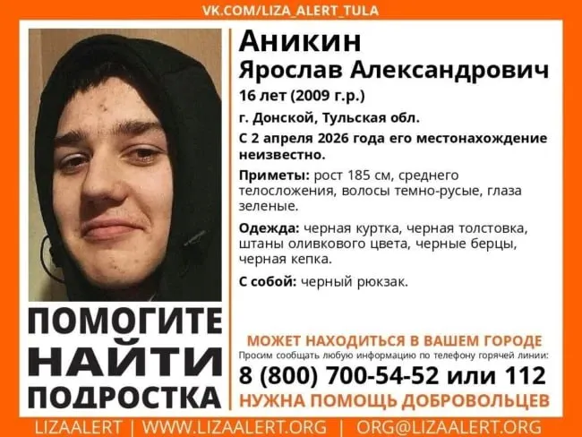 Пропал Ярослав Аникин СК возбудил уголовное дело об исчезновении подростка Следственный комитет возбудил уголовное дело по факту исчезновения 16 летнего Ярослава Аникина из города Донской Со 2 апреля о нём нет вестей В тот день он выехал в сторону Тулы и пропал Позже его видели в районе Щекинского автовокзала Приметы рост 185 см тёмно русые волосы зелёные глаза Был в чёрном с рюкзаком чёрно оранжевого цвета  Если вы видели Ярослава или знаете его местонахождение звоните 8 961 151 03 32 Следком 112 или 8 800 700 54 52 ЛизаАлерт