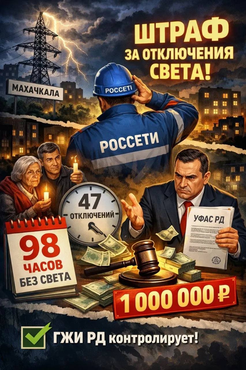 ГЖИ РД добилась штрафа для Россетей за массовые отключения света в Махачкале Жители домов по ул Ахметхана Султана годами терпели перебои с электричеством Мы провели проверку передали материалы в Дагестанское УФАС и нарушителя наказали по полной Что выяснилось С февраля 2025 по январь 2026 года свет отключали 47 раз в сумме почти на 98 часов При этом по закону п 31 6 Постановления 861 допустимо не более 72 часов в год и не дольше 24 часов подряд   Компанию ПАО Россети Северный Кавказ уже штрафовали ранее но она продолжала нарушать За повторное нарушение 1 млн рублей штрафа ГЖИ РД продолжает следить за качеством коммунальных услуг Если свет отключают чаще нормы пишите будем разбираться