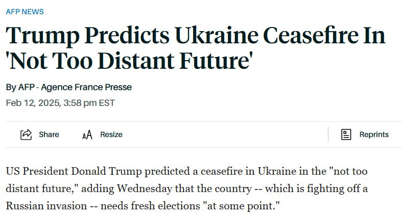 Трамп заявил, что прекращение огня в Украине возможно «в не слишком далеком будущем», а также в что в стране «в какой-то момент» должны пройти новые выборы.  Об этом сообщает агентство AFP.  Также президент США заявил, что Украина вряд ли вернет обратно захваченные Россией территории.  Кроме того, он сказал, что не видит угрозы в ведении прямого диалога с Россией без участия Зеленского.  Означают ли переговоры и заявления Трампа, Зеленского и Путина скорое завершение войны, мы разбирали здесь.  Сайт "Страна"   X/Twitter   Прислать новость/фото/видео   Реклама на канале   Помощь