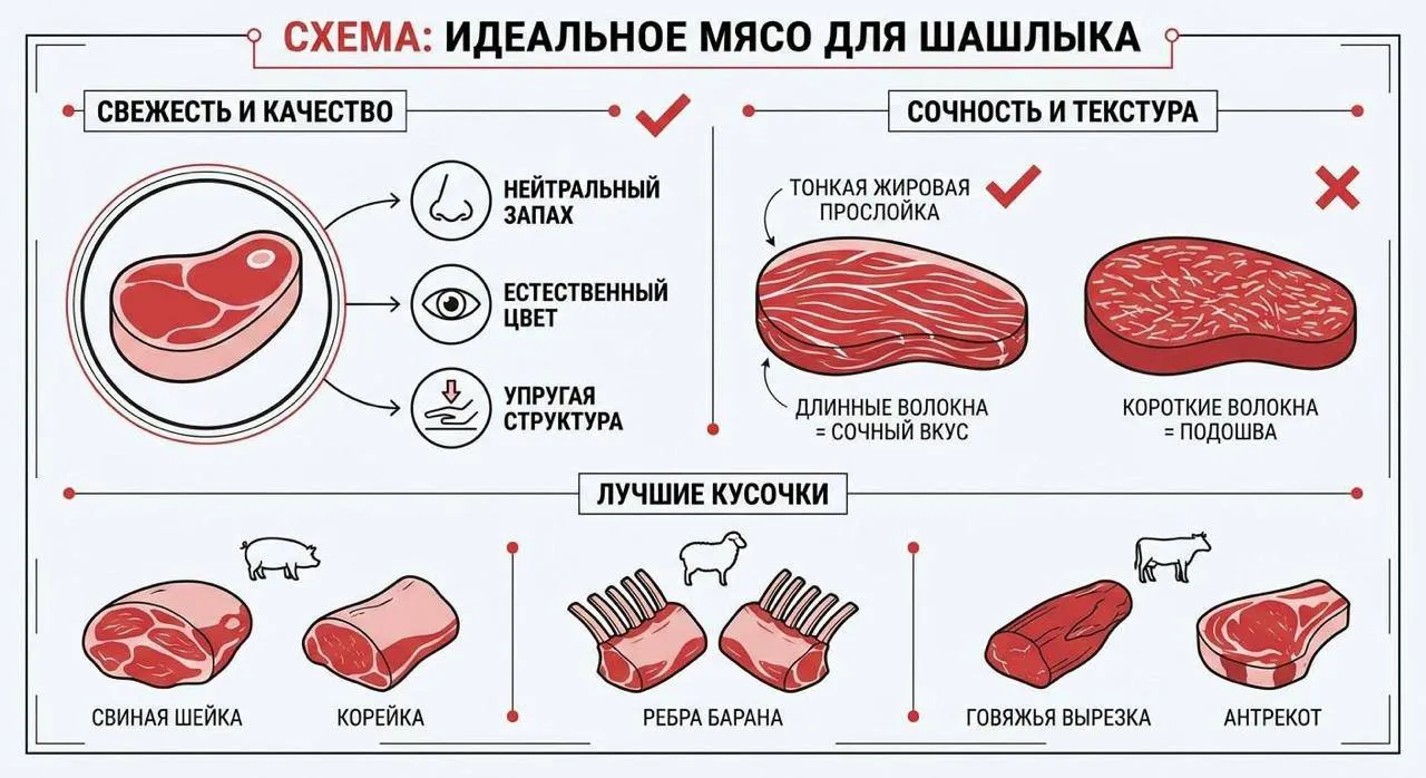 В сети выкатили гайд по выбору идеального мяса для шашлыка  Свежее мясо имеет естественный цвет упругую структуру и нейтральный запах  Для сочного вкуса должна быть тонкая жировая прослойка а волокна не должны быть короткими иначе будет резина а не мясо  Лучшие всего выбирать свиную шейку корейку или рёбра барана говяжью вырезку или антрекот Сохраняем