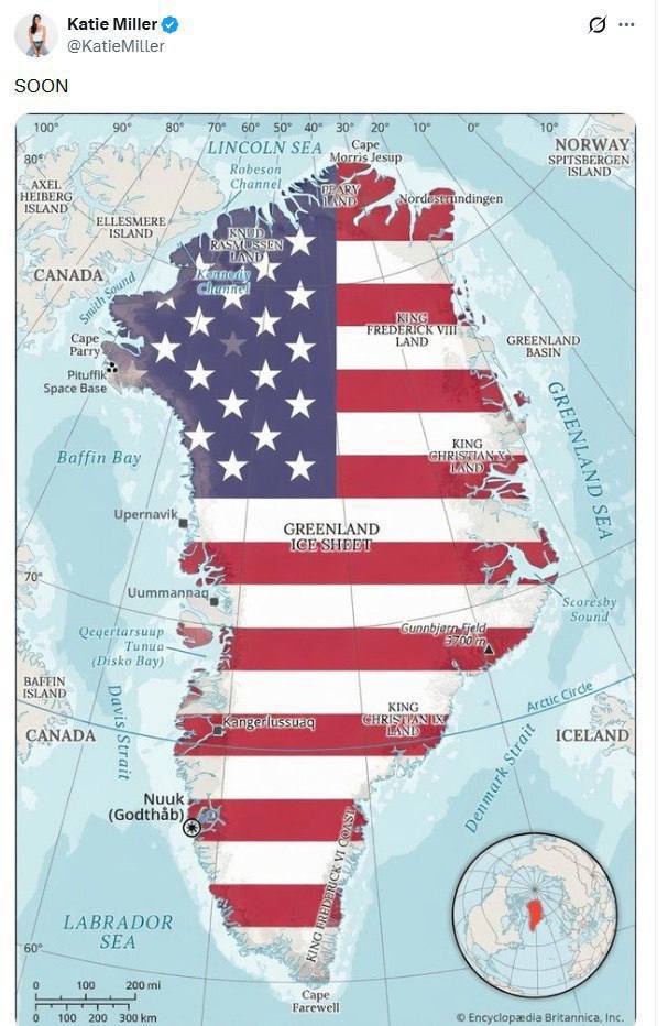 Карту Гренландии в цветах флага США и с надписью Скоро опубликовала супруга замглавы администрации Белого дома Стивена Миллера Пост Кэти Миллер в X не на шутку встревожил датчан датский дипломат Йеспер Меллер Серенсен написал в соцсетях что Копенгаген ожидает от Вашингтона уважения территориальной целостности Дании Британская газета Guardian меж тем пишет что следующими целями Вашингтона после Венесуэлы могут стать Иран и Дания SputnikARM