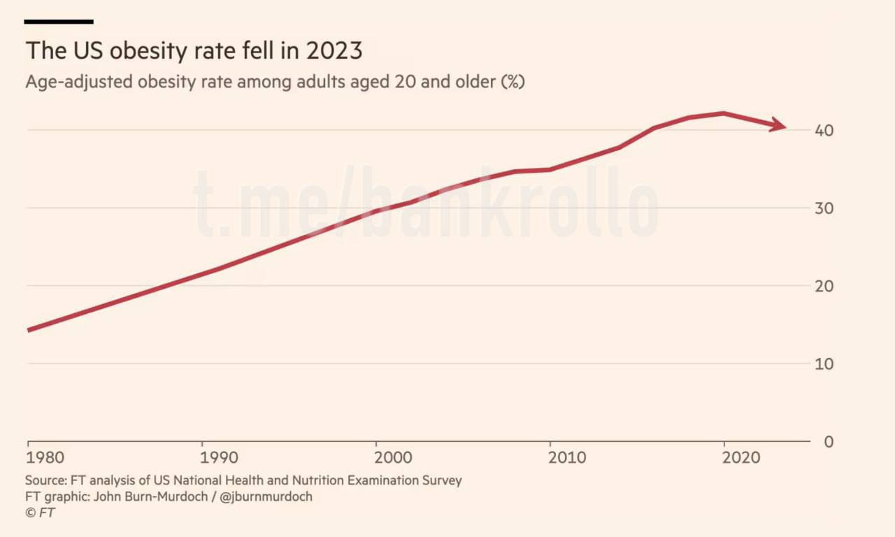 Уровень ожирения в США пошёл на убыль впервые с 80-х, пишет Financial Times. Это произошло из-за препаратов для похудения и диабетиков. По данным издания, каждый восьмой американец принимал средства для снижения веса и 6% делают это по сей день.