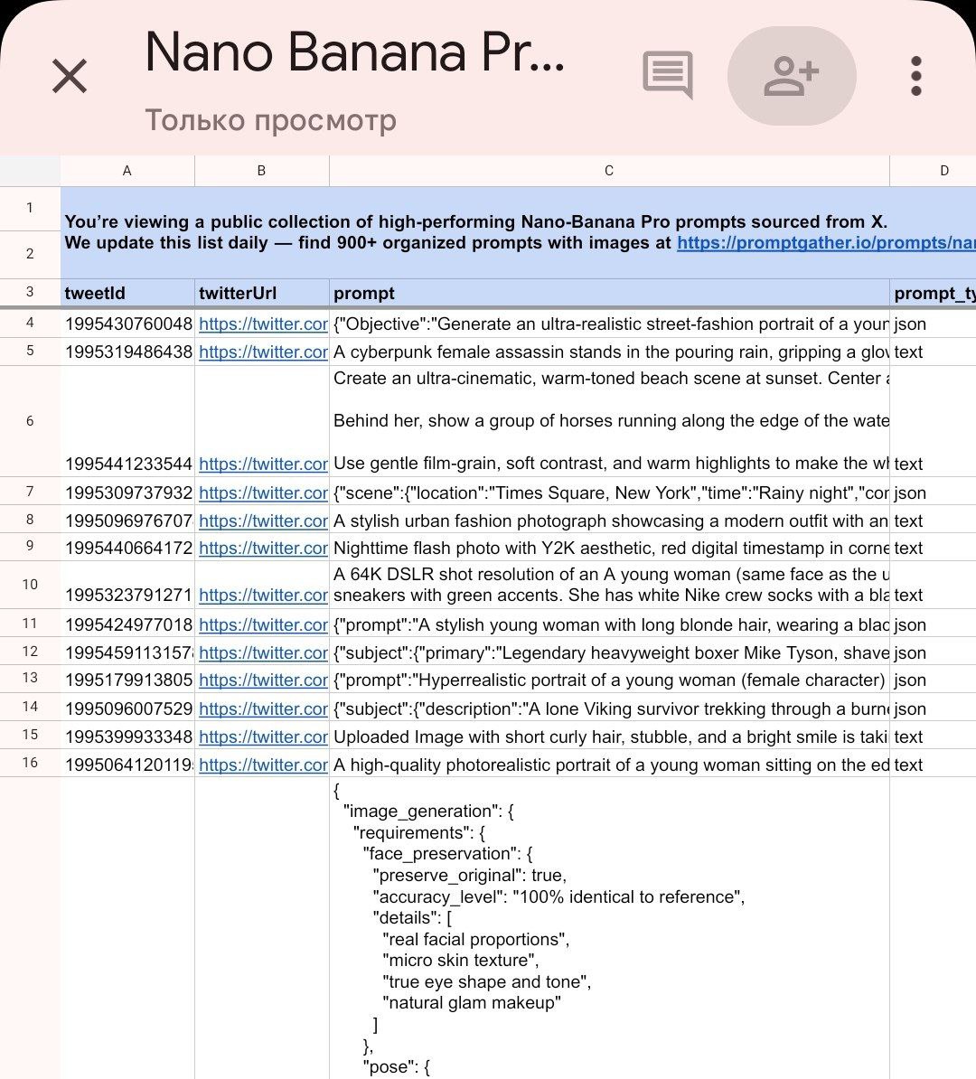 500 отборных промптов Nano Banana Pro появилась огромная таблица с подсказками на все случаи жизни Самое крутое есть ссылки на профили авторов промптов где можно найти ещё больше полезнятины для генерации Хватаем сокровище тут PushEnter