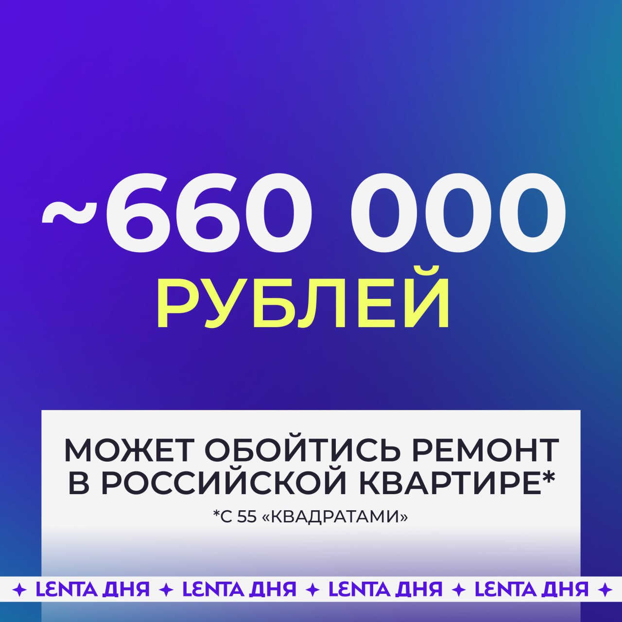 Эксперты подсчитали среднюю стоимость ремонта в квартире в России.  По их подсчётам, на переделку понадобится от 5 до 12 тысяч рублей за «квадрат». Ремонт за такую стоимость будет включать косметические изменения, замену напольного покрытия, а также покраску стен и потолков.   Кроме того, за замену окон и дверей придётся отдать 8-15 тысяч рублей. А замена сантехники обойдётся от 5 до 30 тысяч рублей.  Средняя площадь квартир в столичных новостройках сегодня составляет 55 «квадратов». Вот и думайте