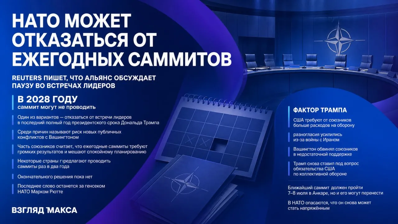 НАТО обсуждает возможность отказаться от ежегодных саммитов сообщает Reuters со ссылкой на источники в альянсе Один из рассматриваемых вариантов не проводить встречу лидеров в 2028 году который станет последним полным годом президентского срока Дональда Трампа Среди причин называют желание снизить риск новых конфликтов с Вашингтоном и вернуть саммитам более содержательный а не демонстративный характер За 77 лет существования НАТО частота саммитов менялась однако с 2021 года лидеры стран альянса встречаются каждое лето Ближайший саммит должен пройти 7 8 июля в Анкаре По данным Reuters часть союзников считает что такой график себя исчерпал ежегодные встречи требуют громких политических результатов тогда как реальные задачи альянса требуют более спокойного и долгосрочного планирования Один из дипломатов заявил агентству что саммит 2027 года который должен пройти в Албании скорее всего перенесут на осень В 2028 году по его словам НАТО может вообще не проводить встречу на высшем уровне Другой источник сообщил что некоторые страны предлагают перейти к саммитам раз в два года Окончательного решения пока нет последнее слово останется за генеральным секретарём НАТО Марком Рютте В самом альянсе тему комментируют осторожно Представитель НАТО заявил Reuters что блок продолжит проводить регулярные встречи глав государств и правительств а между саммитами союзники будут консультироваться планировать и принимать решения по вопросам общей безопасности Фактор Трампа источники называют одним из важных но не единственным Американский президент неоднократно превращал встречи НАТО в площадку для жёстких претензий к союзникам В первый срок он резко критиковал европейские страны за недостаточные оборонные расходы Сейчас к этому добавились разногласия вокруг войны США с Ираном администрация Трампа обвиняла союзников в том что они не оказали Вашингтону достаточной поддержки После отказа ряда стран НАТО подключиться к американским действиям против Ирана Трамп открыто усомнился должны ли США выполнять обязательства по коллективной обороне и вновь заговорил о возможности выхода из альянса Дополнительное напряжение создали и его претензии на Гренландию автономную территорию Дании которая сама входит в НАТО По словам одного из дипломатов альянсу лучше проводить меньше саммитов чем проводить плохие Другой собеседник Reuters отметил что реальная устойчивость НАТО определяется не числом встреч а качеством обсуждений и принимаемых решений Саммит 2018 года уже становился для НАТО серьёзным испытанием Тогда Трамп угрожал покинуть заседание в знак протеста против низких расходов союзников на оборону Бывший генсек НАТО Йенс Столтенберг позже писал в мемуарах что если бы американский президент действительно ушёл альянсу пришлось бы собирать по кусочкам развалившееся НАТО Последний саммит в Гааге также прошёл под давлением Вашингтона Трамп требовал от союзников резко поднять военные расходы до 5 ВВП В итоге страны НАТО согласились на формулу при которой 3 5 ВВП должны идти на базовую оборону а ещё 1 5 на более широкие расходы связанные с безопасностью Уже сам факт что встреча прошла без крупного скандала в альянсе восприняли как успех Теперь в НАТО опасаются что саммит в Анкаре вновь может стать напряжённым На повестке остаются расходы на оборону разногласия по Ирану давление США на европейских союзников и общий вопрос о том насколько Вашингтон при Трампе готов сохранять прежнюю роль внутри альянса Читай в Max Читай в Telegram Смотри на RUTUBE