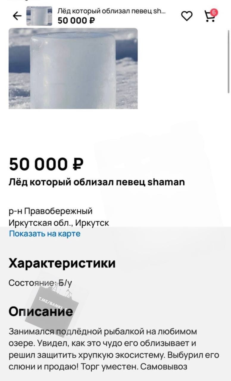 Кусок льда облизанный Шаманом продают за 50 тысяч рублей на Авито Продавец уверяет что на льду остались слюни артиста Занимался подлёдной рыбалкой на любимом озере Увидел как это чудо его облизывает и решил защитить хрупкую экосистему Вырубил этот кусок льда со слюнями и продаю пишет продавец banki oil