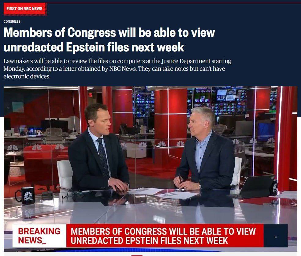 Члены Конгресса США получат полный доступ к неотредактированным файлам Эпштейна начиная со следующего понедельника Как сообщает NBC членам Конгресса не будет разрешено сохранять файлы и делиться ими публично Все консультации будут проводиться лично после уведомления Министерства юстиции за 24 часа Также NBC отмечает что членам Конгресса изучающим документы не будет разрешено иметь при себе электронные устройства но им будет разрешено делать заметки НАШИ РЕСУРСЫ Telegram Tik tok YouTube RUTUBE
