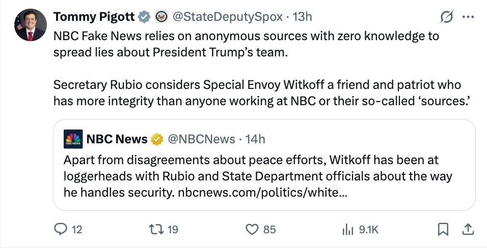 Стив Уиткофф и Марко Рубио конкурируют за роль ведущего переговорщика в урегулировании российско украинского конфликта NBC со ссылкой на источники Телеканал сообщил о случаях когда Уиткофф действовал в международной политике без согласования с главой Госдепартамента В ноябре он организовал встречу с украинскими чиновниками во Флориде не уведомив Рубио что выяснилось уже позже Госдепартамент США опроверг информацию о расколе между Рубио и Уиткоффом Рубио считает спецпосланника Уиткоффа другом и патриотом у которого больше честности чем у кого либо из сотрудников NBC или их так называемых источников написал в соцсети X заместитель руководителя пресс службы Госдепартамента Пиготт Подпишись RogandarNEWs мы в MAX