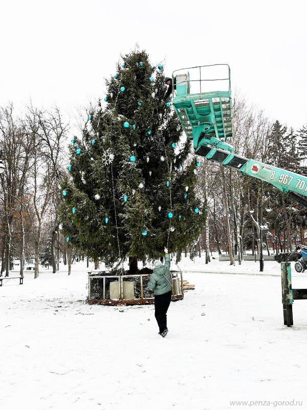 Новогодняя елочка появилась на Соборной площади.   Подрядчик уже начал ее украшать: развесил новогодние шарики и установил на макушке звезду. Вечером заработает иллюминация – девять гирлянд и столько же световых снежинок.  Чтобы обезопасить ель от вандалов, рабочие поставят вокруг нее ограждение в ближайшее время. А привезли зимнюю красавицу к нам в Пензу из деревни Пяша Мокшанского района.     Подписаться   Прислать новость