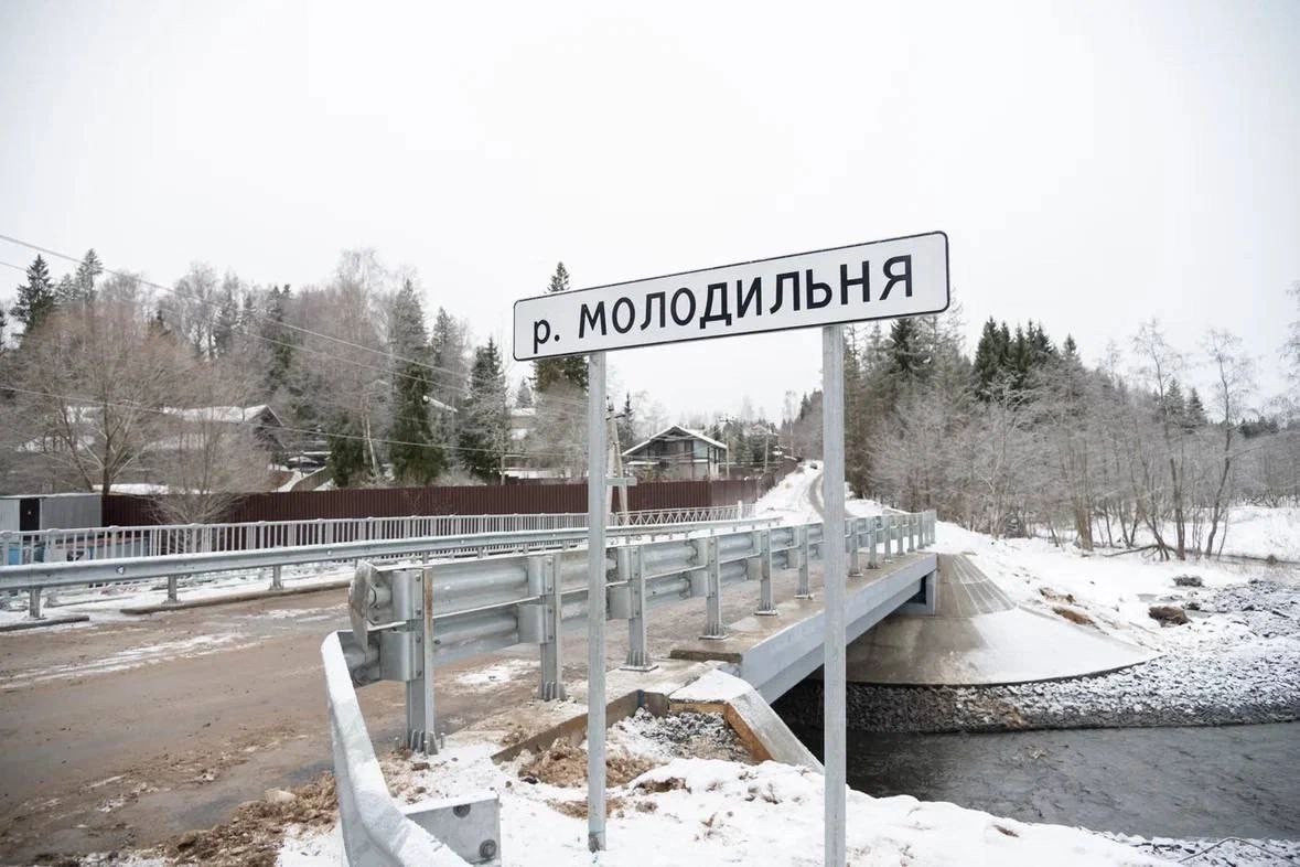 Движение по мосту через Молодильню в районе д. Троица открыто  Зампред правительства, министр транспорта Подмосковья Алексей Гержик приехал проверить, как функционирует мост и пообщался с жителями близлежащих деревень.   Новый 90-метровый мост вместе с подходами и пешеходной зоной возвели взамен старого, который размыло во время паводка в апреле.   Истра Буря Безумие