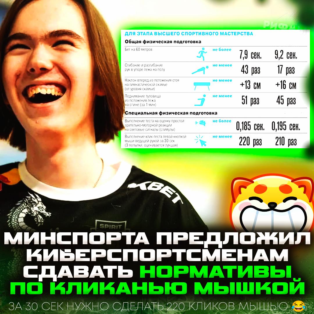 Киберспортсмены теперь будут сдавать нормативы! В Минспорта выкатили список требований к кибератлетам: бегать, отжиматься, кликать мышкой на скорость и качать пресс. — пусть учатся бегать, не только же в кресле играть сидеть — а зачем дотерам качать пресс? Рифмы и Морген